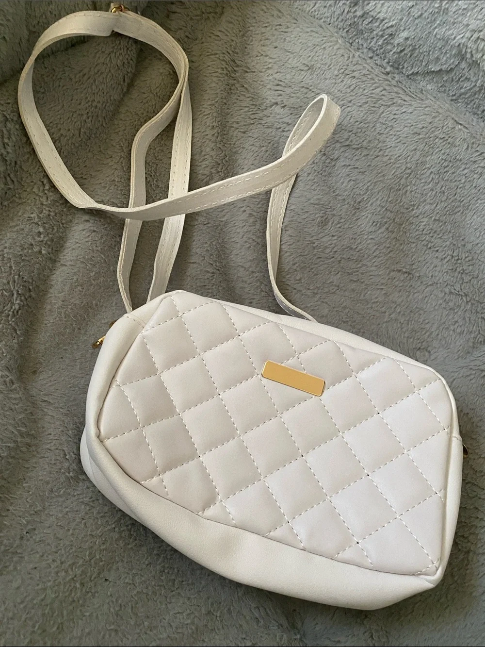 White Quilted Crossbody Bag with Gold Accent